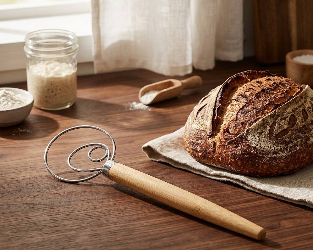 Danish dough whisk with wooden handle for homemade bread baking