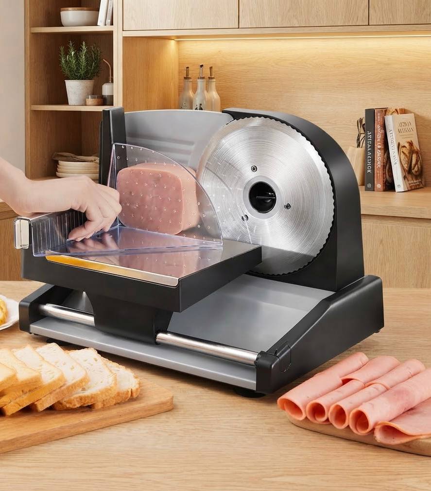 Adjustable bread and meat slicer with stainless steel blade