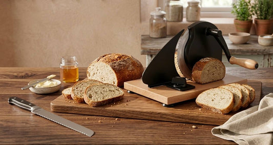 Manual adjustable bread slicer cutting a homemade sourdough loaf into perfectly even slices on a  kitchen countertop