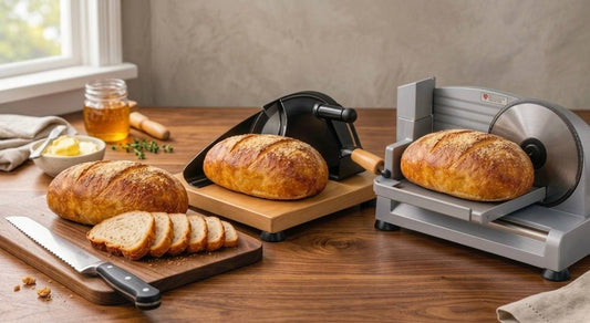 Bread knife, manual bread slicer, electric bread slicer and homemade sourdough bread on a kitchen countertop ready for even slicing