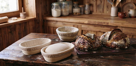 Banneton bread proofing basket with shaped sourdough loaf
