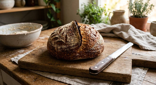 Fresh homemade bread loaf with bread knife