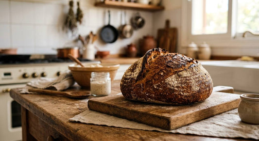 freshly baked sourdough bread with crispy crust on countertop