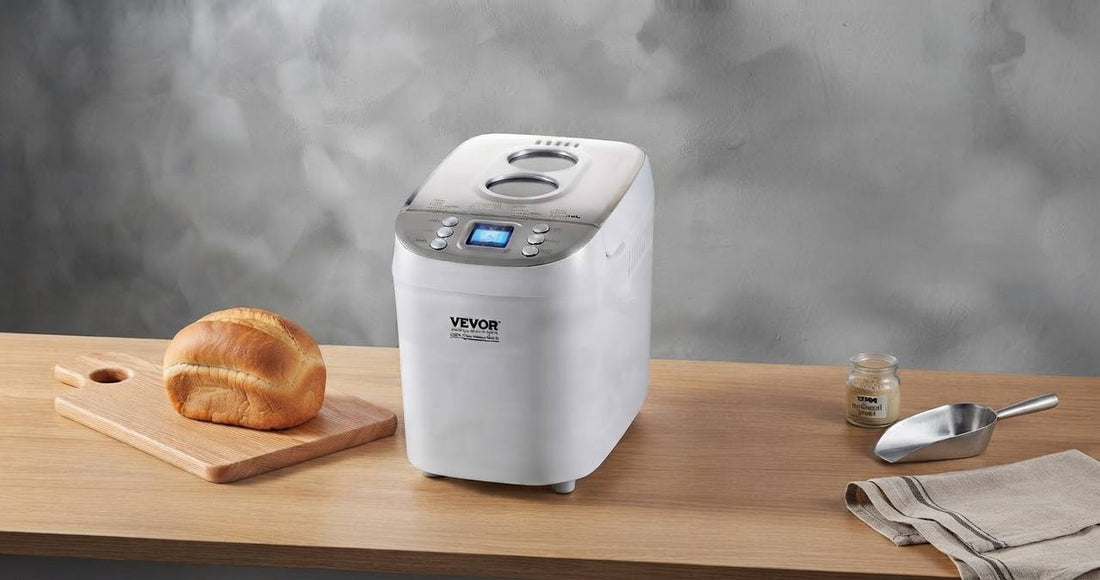 Automatic bread maker with a freshly baked loaf of homemade bread