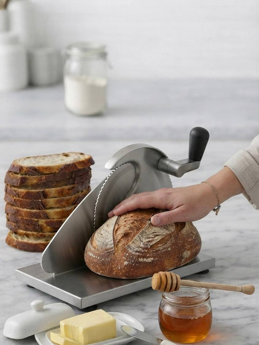 Homemade sourdough bread sliced with a manual adjustable bread slicer on a marble kitchen countertop, served with butter and honey