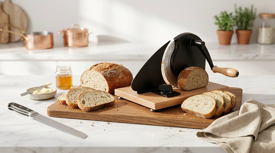 Manual adjustable bread slicer cutting a homemade sourdough loaf into perfectly even slices on a white marble kitchen countertop