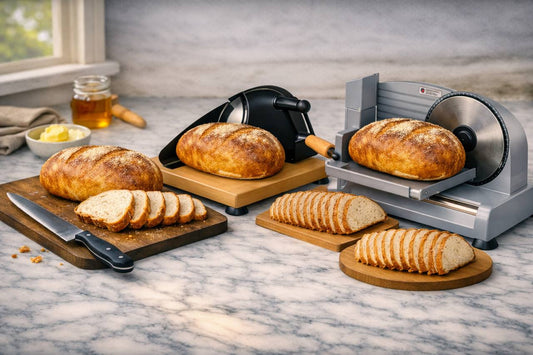 Bread knife, manual bread slicer, electric bread slicer and homemade sourdough bread on a kitchen countertop ready for even slicing