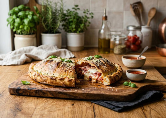 Golden baked homemade calzone stuffed with cheese and fillings, folded pizza pocket fresh from oven