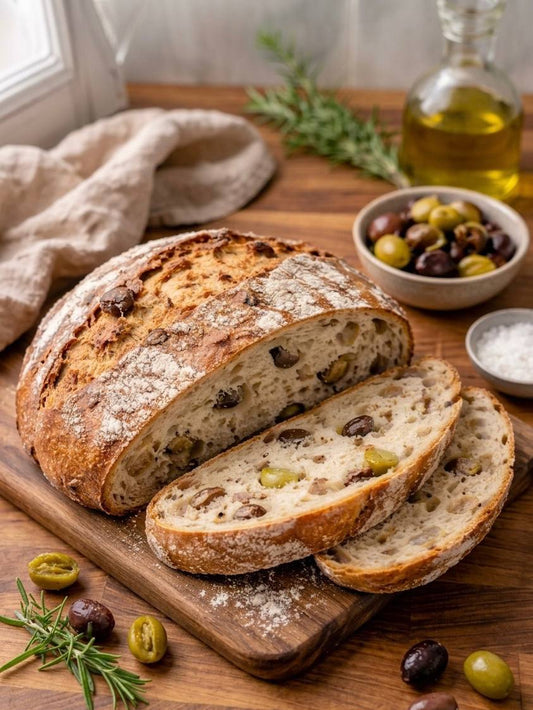 Rustic olive sourdough bread loaf sliced on wooden board with olives visible inside