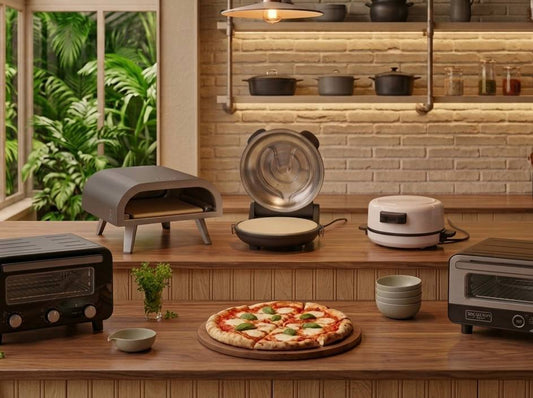 Different types of pizza ovens for home including gas, electric, countertop and round pizza ovens