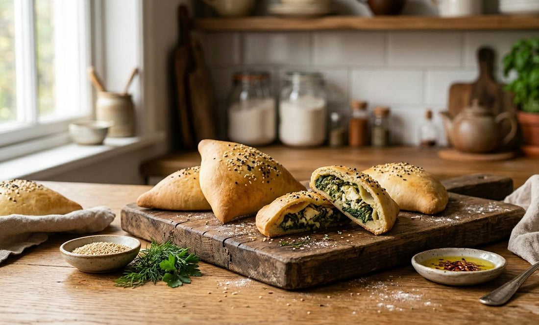 Golden baked spinach and cheese stuffed pastries homemade fresh from the oven