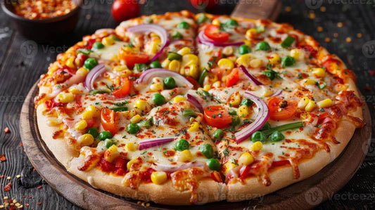 Homemade vegetarian pizza topped with fresh vegetables, cheese, and herbs baked golden in oven