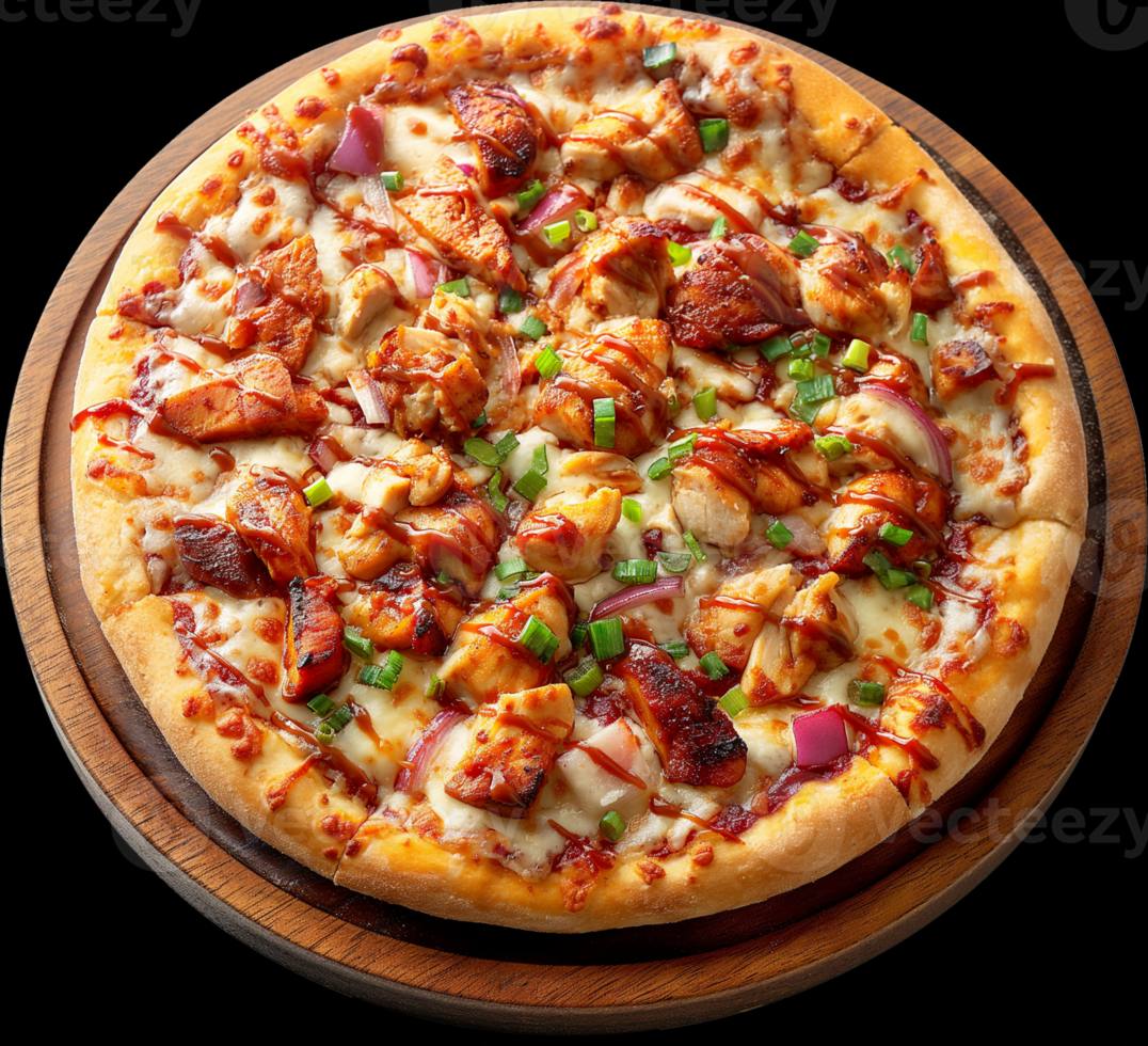 Homemade BBQ chicken pizza topped with melted cheese, red onions, and BBQ sauce baked golden in oven