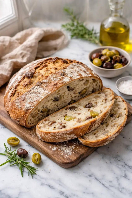 Rustic olive sourdough bread loaf sliced on wooden board with olives visible inside