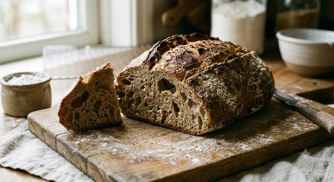 Fresh homemade bread loaf with uneven texture showing common bread baking mistakes