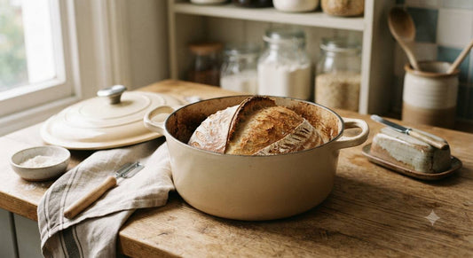 Round enameled Dutch oven with freshly baked artisan bread on a wooden kitchen countertop