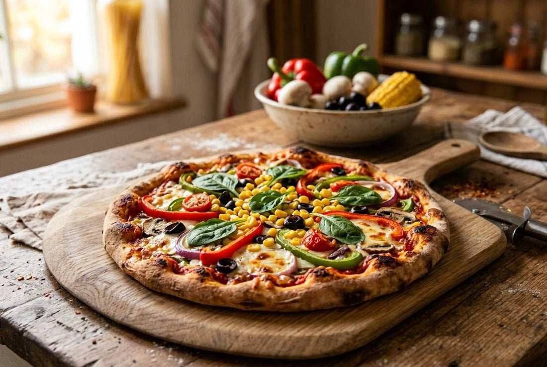 Homemade vegetarian pizza topped with fresh vegetables, cheese, and herbs baked golden in oven
