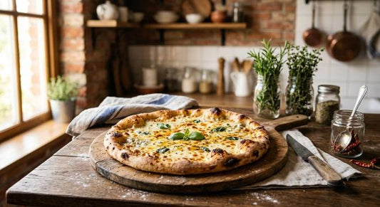 Homemade four cheese pizza with melted mozzarella, cheddar, parmesan and creamy cheese baked golden in oven