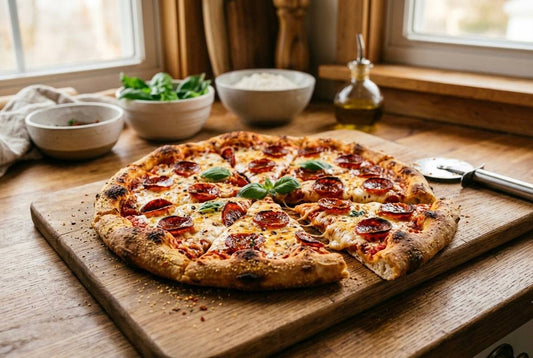 Homemade pepperoni pizza with melted cheese and crispy pepperoni slices fresh from oven