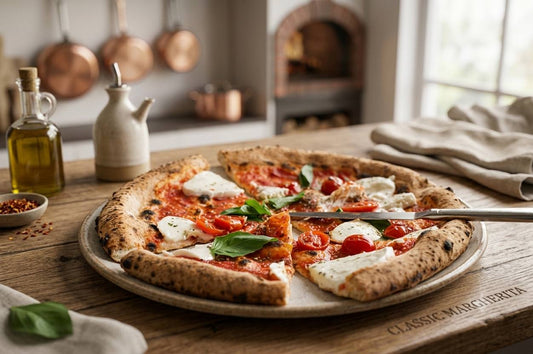 Homemade Margherita pizza with fresh mozzarella, basil leaves, and golden crust baked in oven