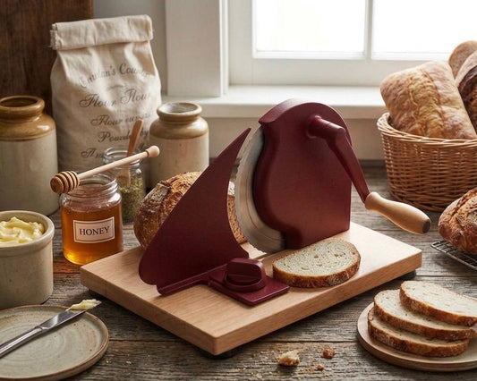 Homemade sourdough bread sliced with a manual adjustable bread slicer on a kitchen countertop, served with butter and honey