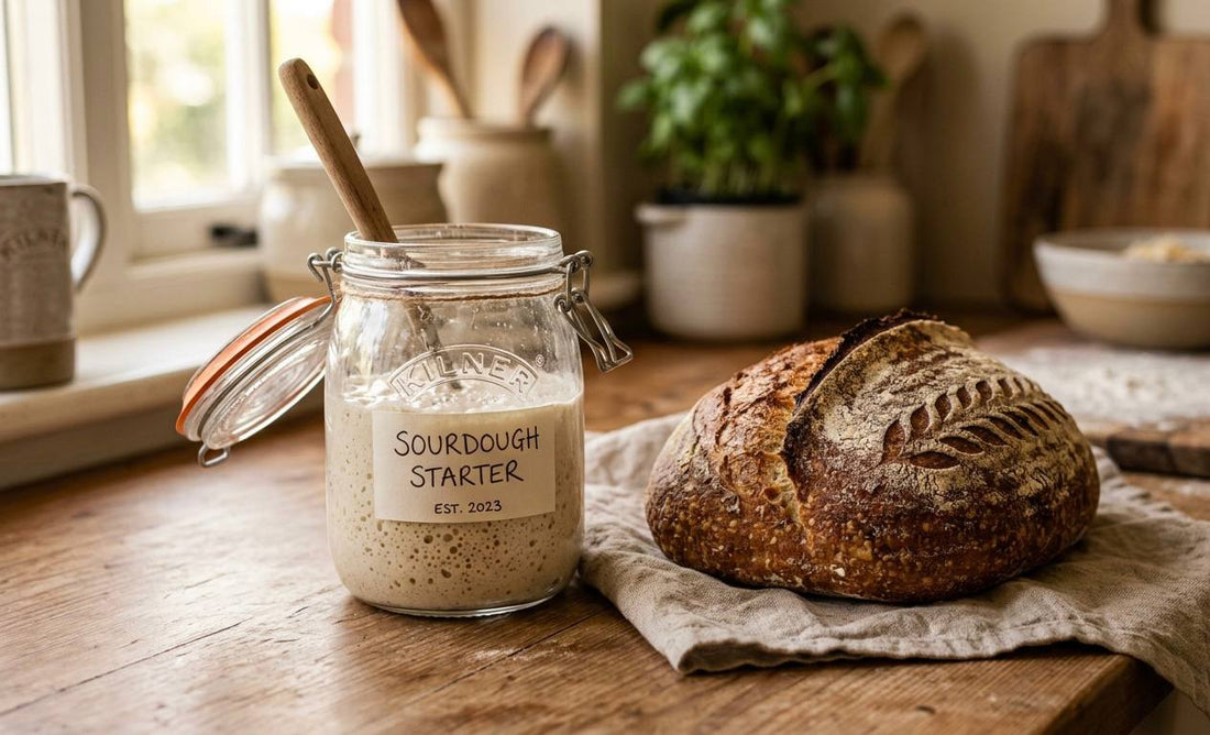 sourdough starter in glass jar fermenting for homemade brea
