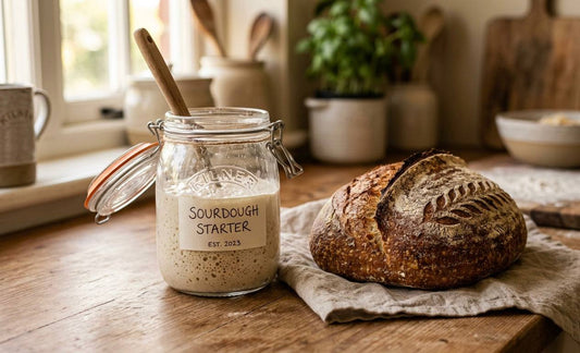 sourdough starter in glass jar fermenting for homemade brea