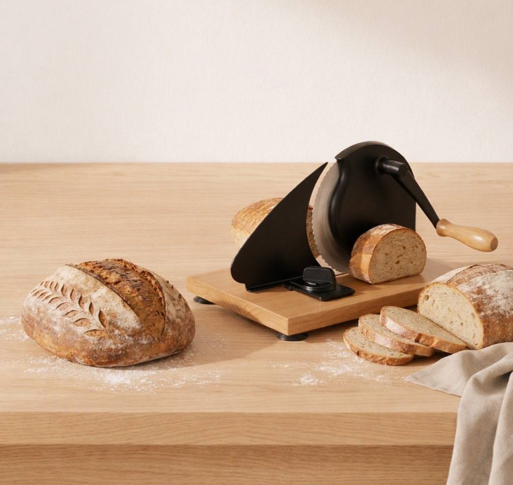  Manual bread slicer with fresh sliced sourdough bread on a wooden countertop