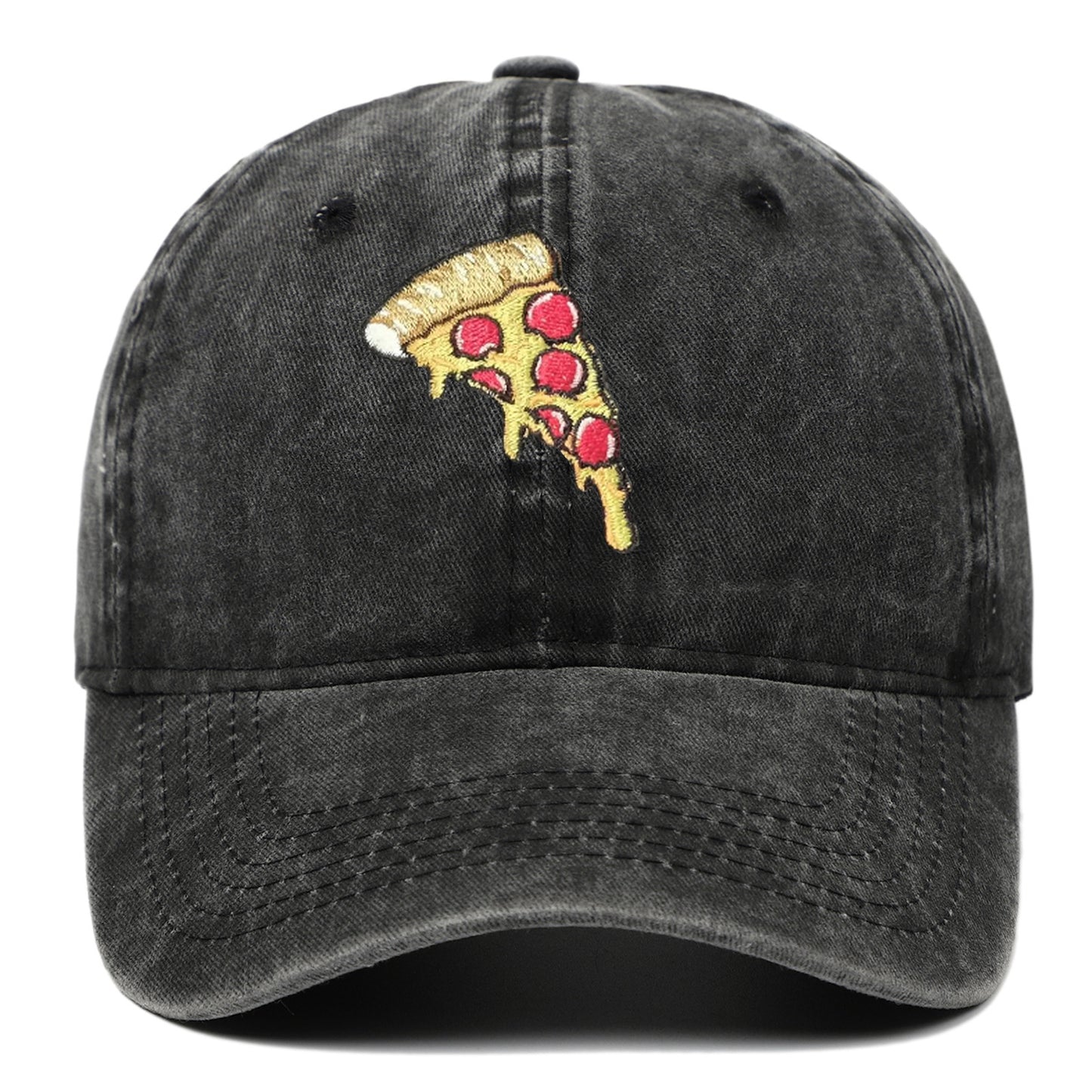 Pizza Embroidery Retro Baseball Cap – Adjustable Cotton Hat, Vintage Washed Look
