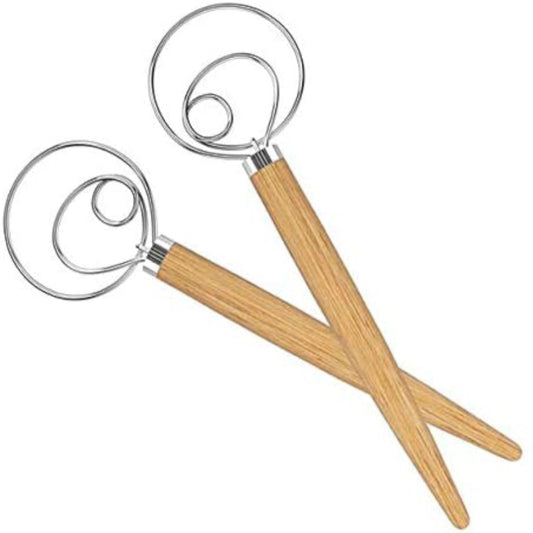 Stainless steel dough whisk with wooden handle for bread baking