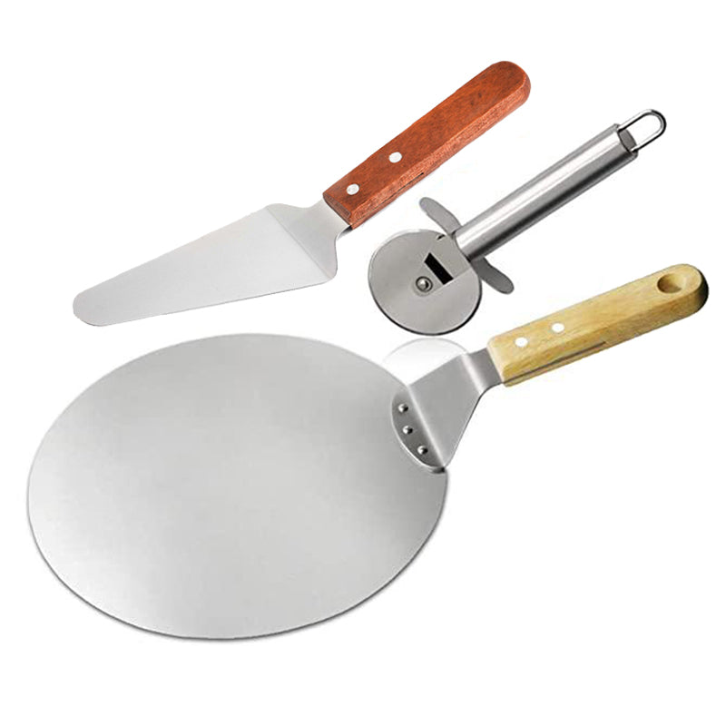 Stainless steel pizza peel cutter and server set