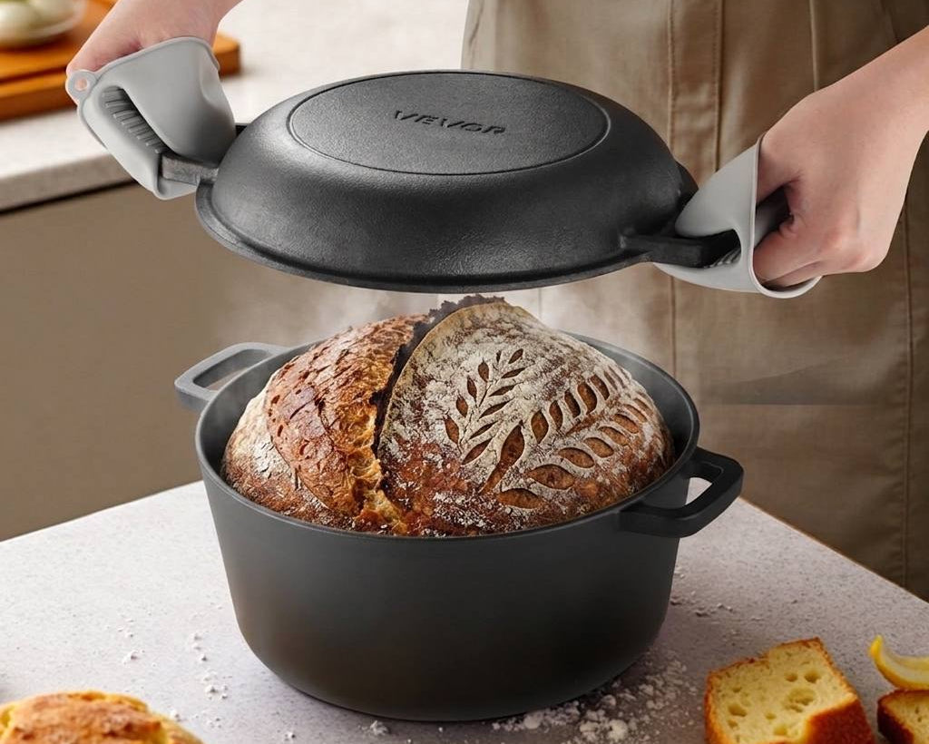 Sourdough bread baked in cast iron dutch oven set for crispy crust