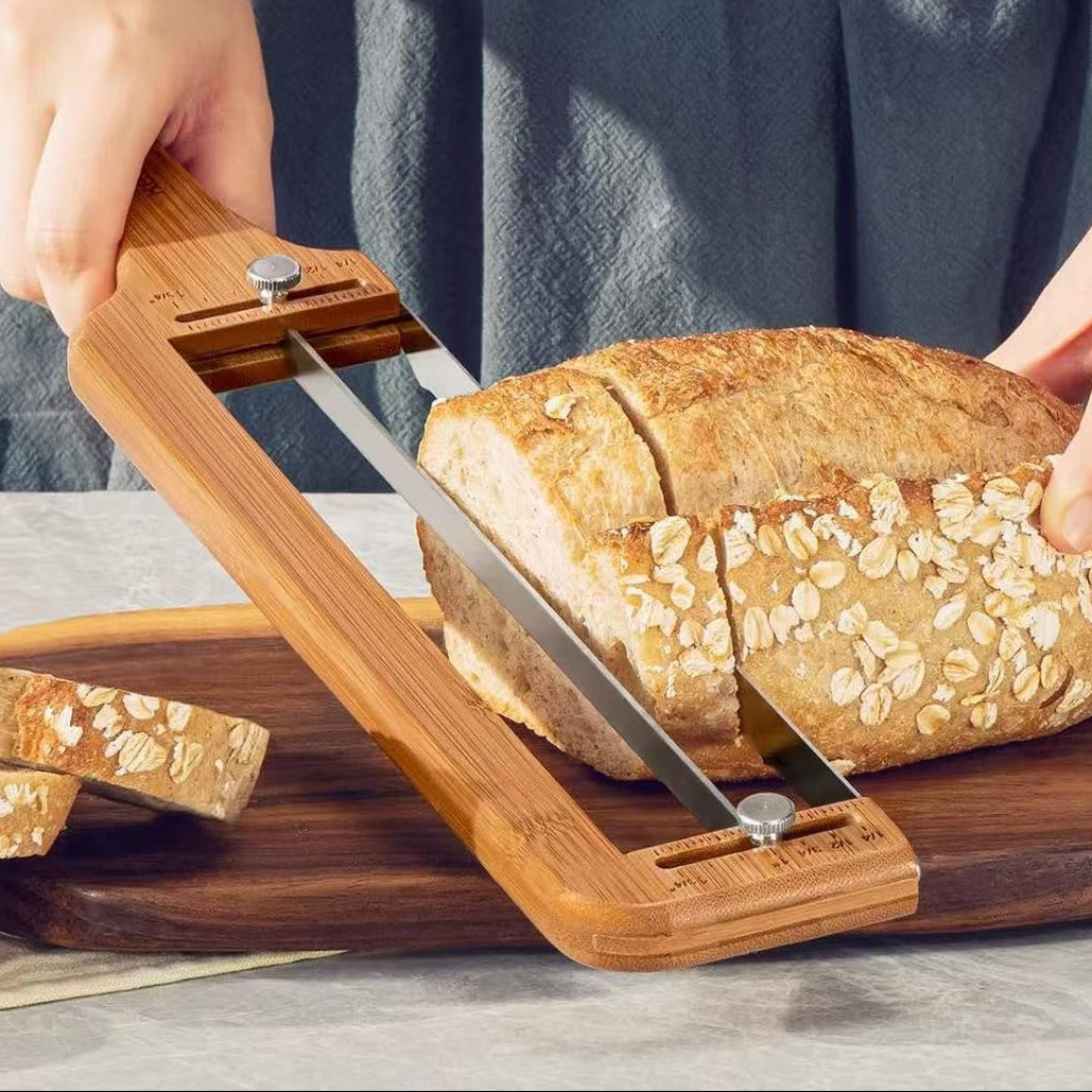 Wooden bread slicer with serrated blade for sourdough bread