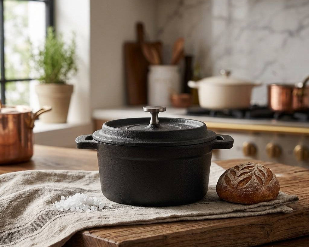 Small cast iron cooking pot with lid
