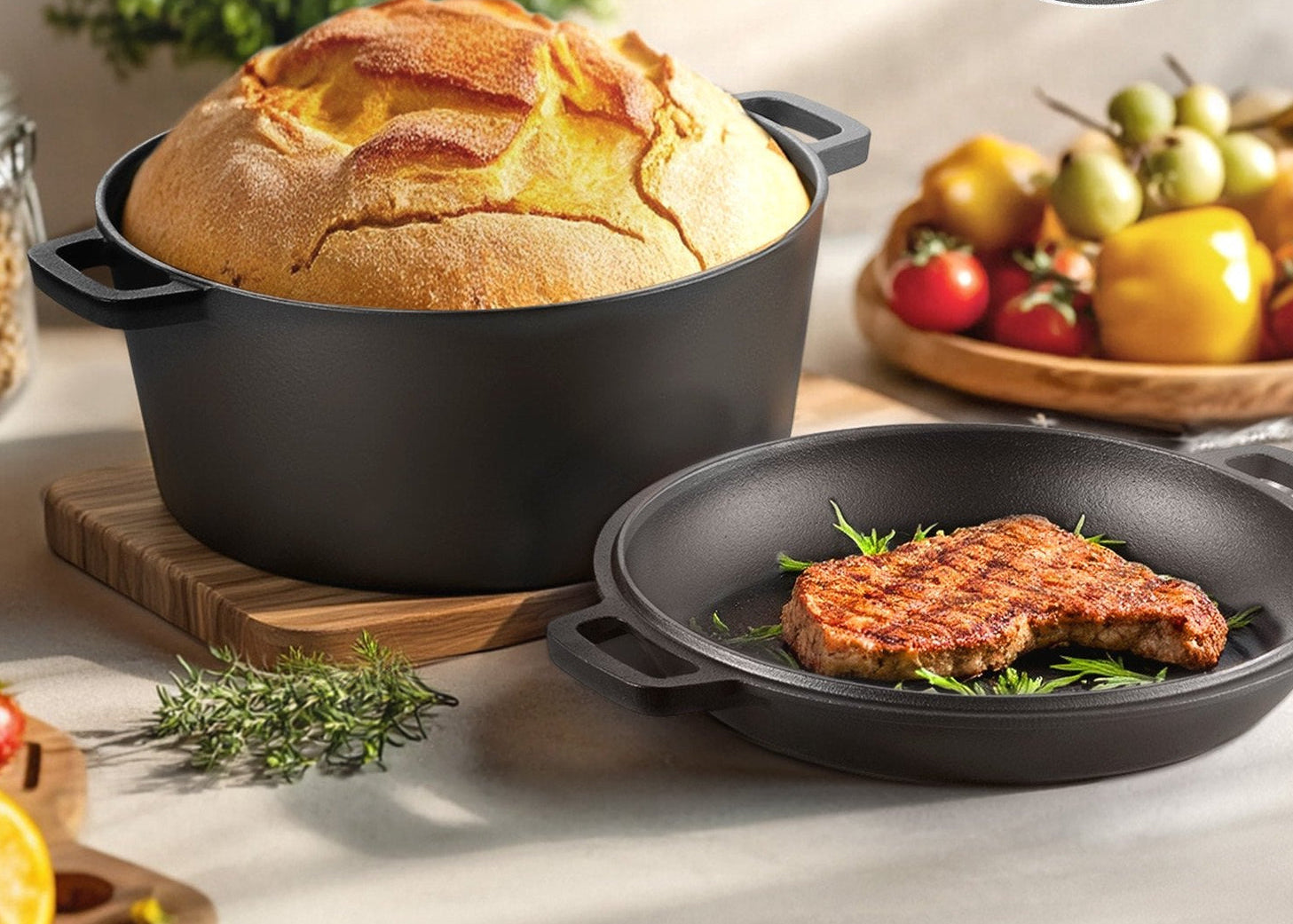 Sourdough bread baked in cast iron dutch oven set for crispy crust
