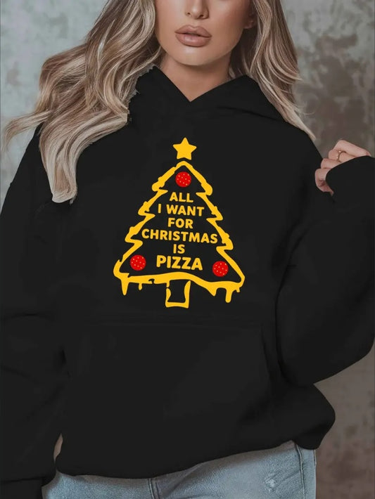 Women’s Oversized Hoodie – Christmas Tree & Pizza Graphic Pullover with Pockets | Casual Fall & Winter Long Sleeve Sweatshirt