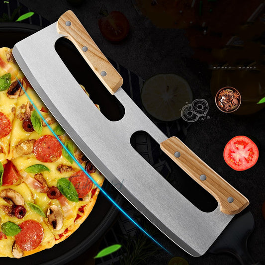 14 inch stainless steel rocker pizza cutter with wooden handles