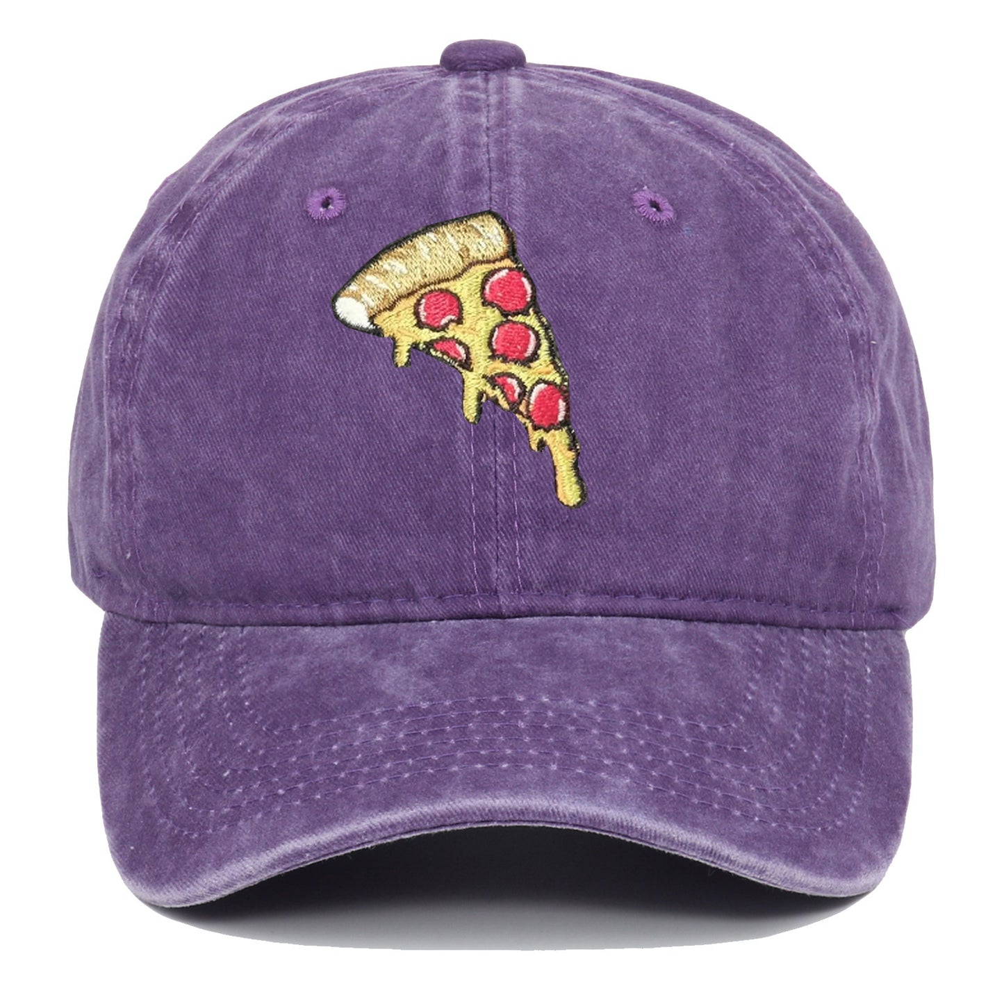 Pizza Embroidery Retro Baseball Cap – Adjustable Cotton Hat, Vintage Washed Look