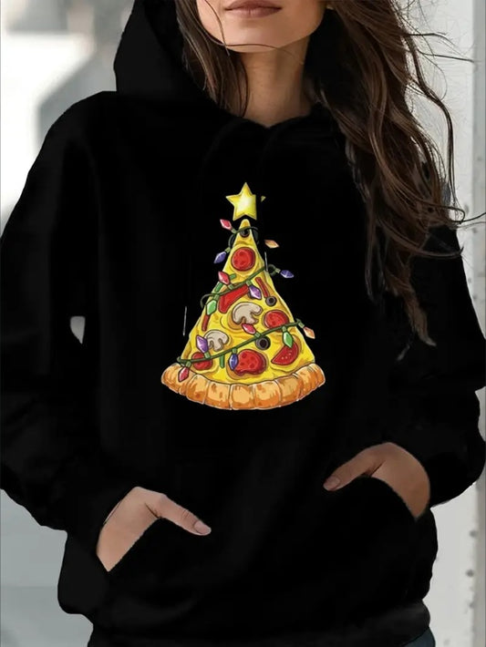 Oversized Pizza Print Hoodie for Women – Casual Kangaroo Pocket Sweatshirt, Autumn/Winter Trendy Pullover