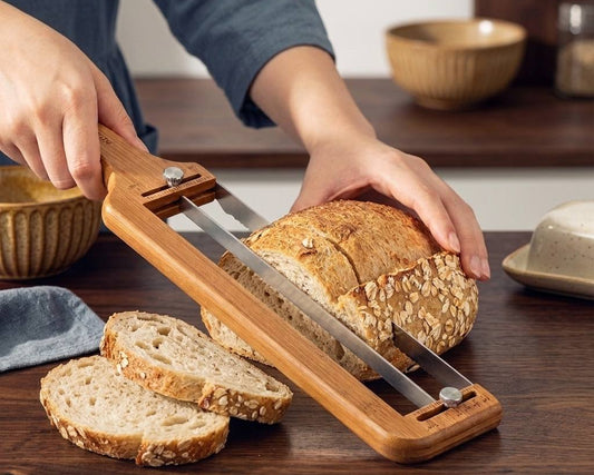 Wooden bread slicer with serrated blade for sourdough bread