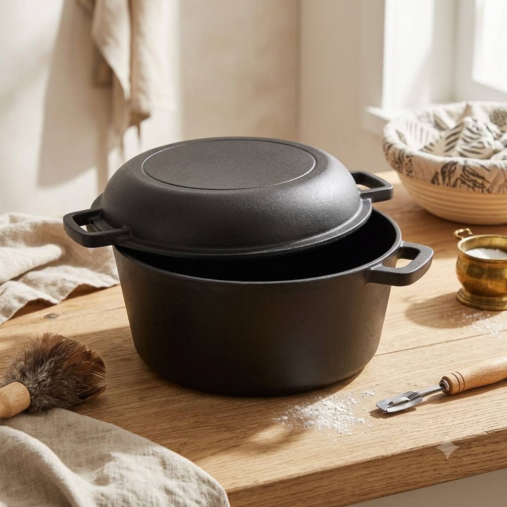 Pre-seasoned cast iron dutch oven for baking bread and cooking