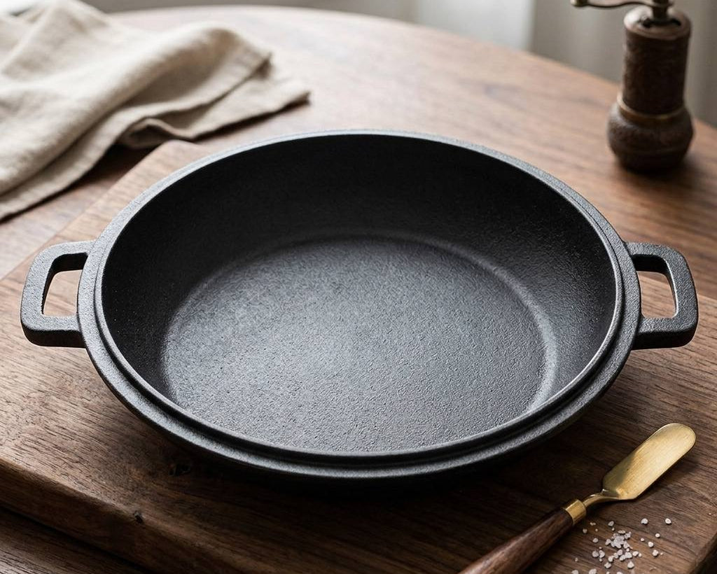 Round cast iron dutch oven with lid for kitchen and oven use
