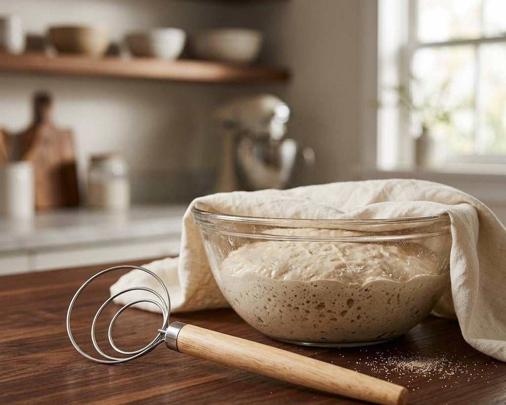 Danish dough whisk with oak wood handle for sourdough baking