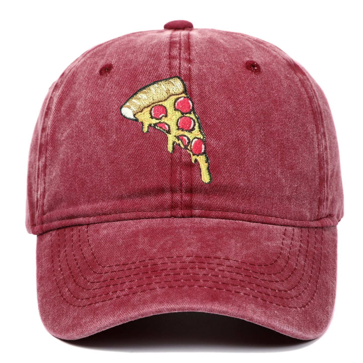 Pizza Embroidery Retro Baseball Cap – Adjustable Cotton Hat, Vintage Washed Look