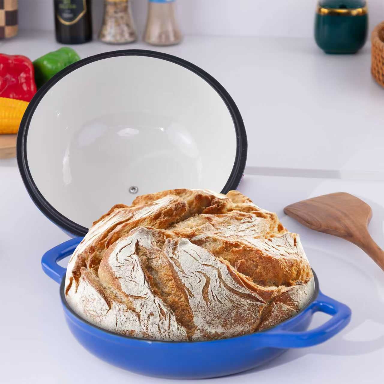  Crusty sourdough bread in enamel dutch oven