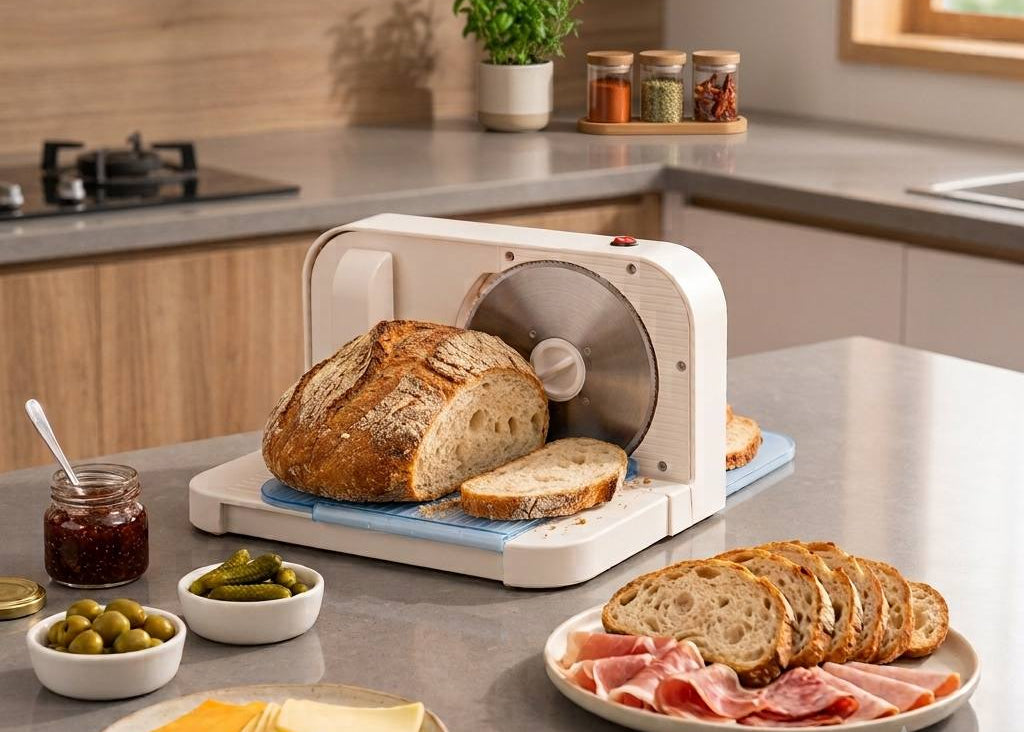 Adjustable bread slicing machine with compact foldable design