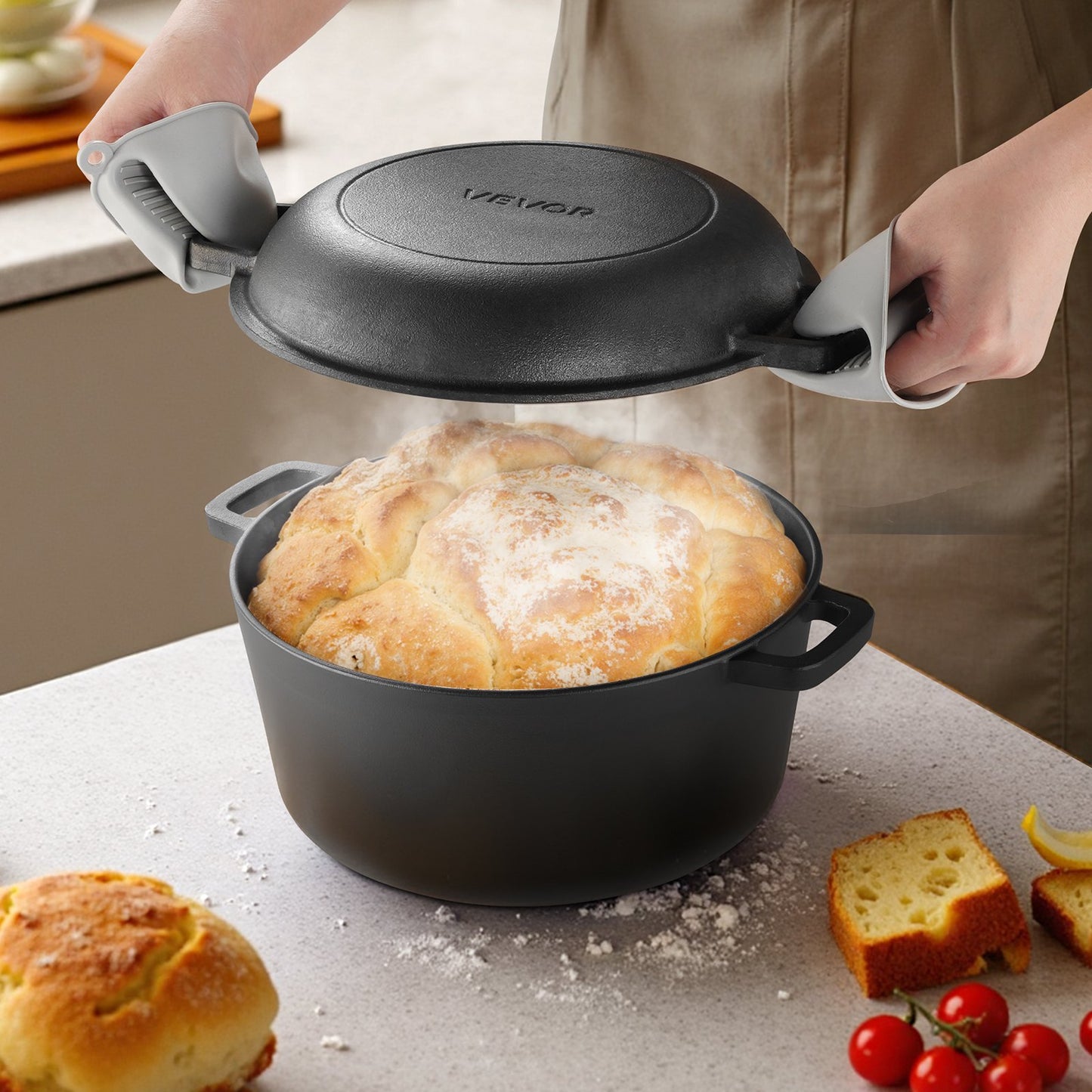 Homemade sourdough bread baked in cast iron dutch oven set