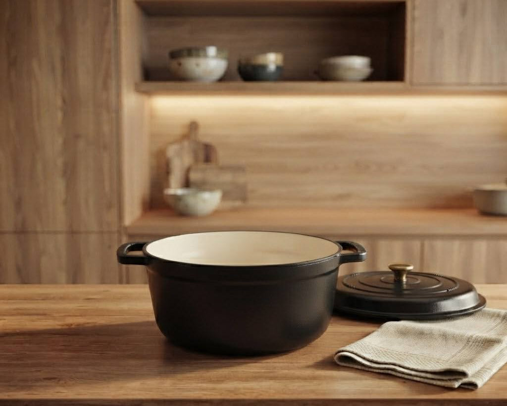 Large cast iron dutch oven with lid for baking and roasting