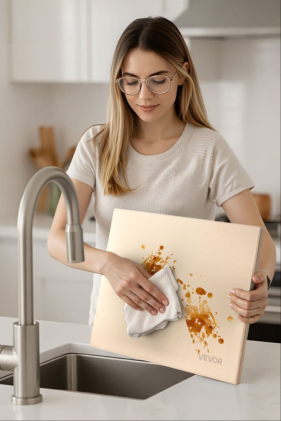 Woman cleaning a pizza stone with a cloth in a kitchen, featuring text about product care.