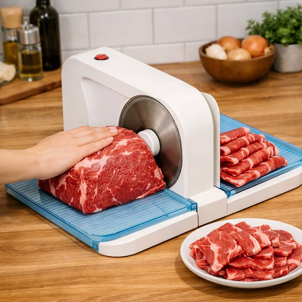 Electric slicer cutting deli meat and luncheon slices